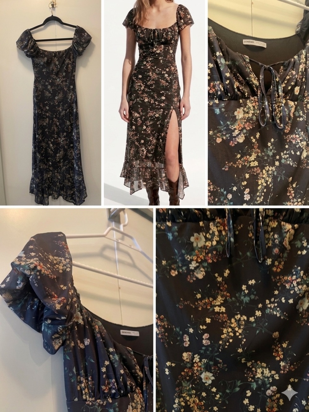NEW Berksha Black Floral Milkmaid Slit Sexy SummerMesh Ruffle Midi Maxi Dress M
